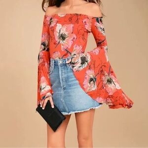 Free People Coral Orange Birds of Paradise Boho Floral Print Top. Side small.